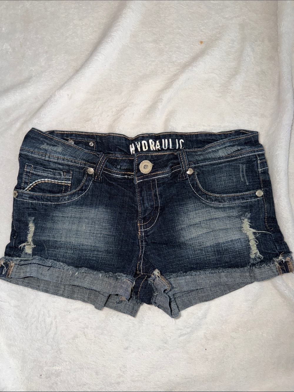 Hydraulic Dark Indigo Distressed Rolled Hem Denim Shorts